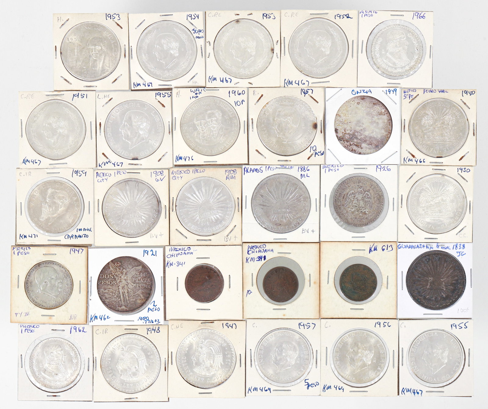 29 various Mexican Silver coins, including 10, 5, and 1 Peso coins, Onza and others: 28 various Mexican silver coins ranging in age between 1838 to 1962, silver onza, with most dating from the 1940s, including 10 peso, 5 peso, 2 peso coins, and 1 peso coins. Please Note: Payment for t