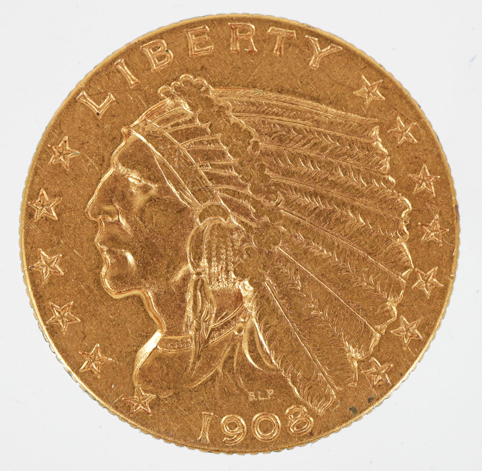 1908 2 1/2 Dollar Indian Head Gold Coin: United States, 1908, $2 1/2 Indian Head gold coin, Gold, 5/8th inch diameter. Please Note: Payment for this lot (and all other coin, gold and silver lots) can only be made by Wire/ACH Transfer, cashie