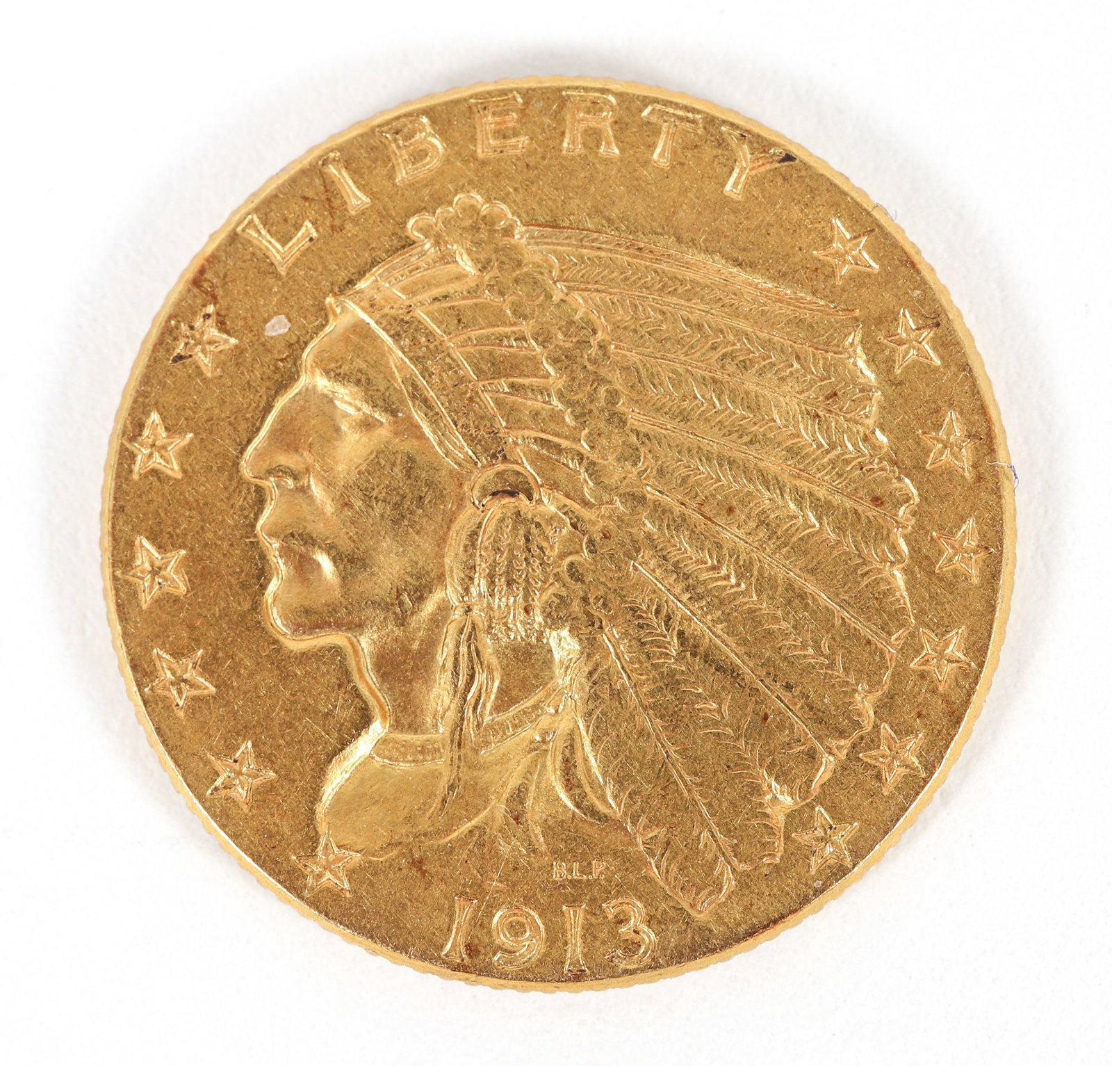 1913 Gold Indian Head 2 1/2 Dollar Coin: 1913 Gold Indian Head $2 1/2 Coin. Please Note: Payment for this lot (and all other coin, gold and silver lots) can only be made by Wire/ACH Transfer, cashier's check or cash.