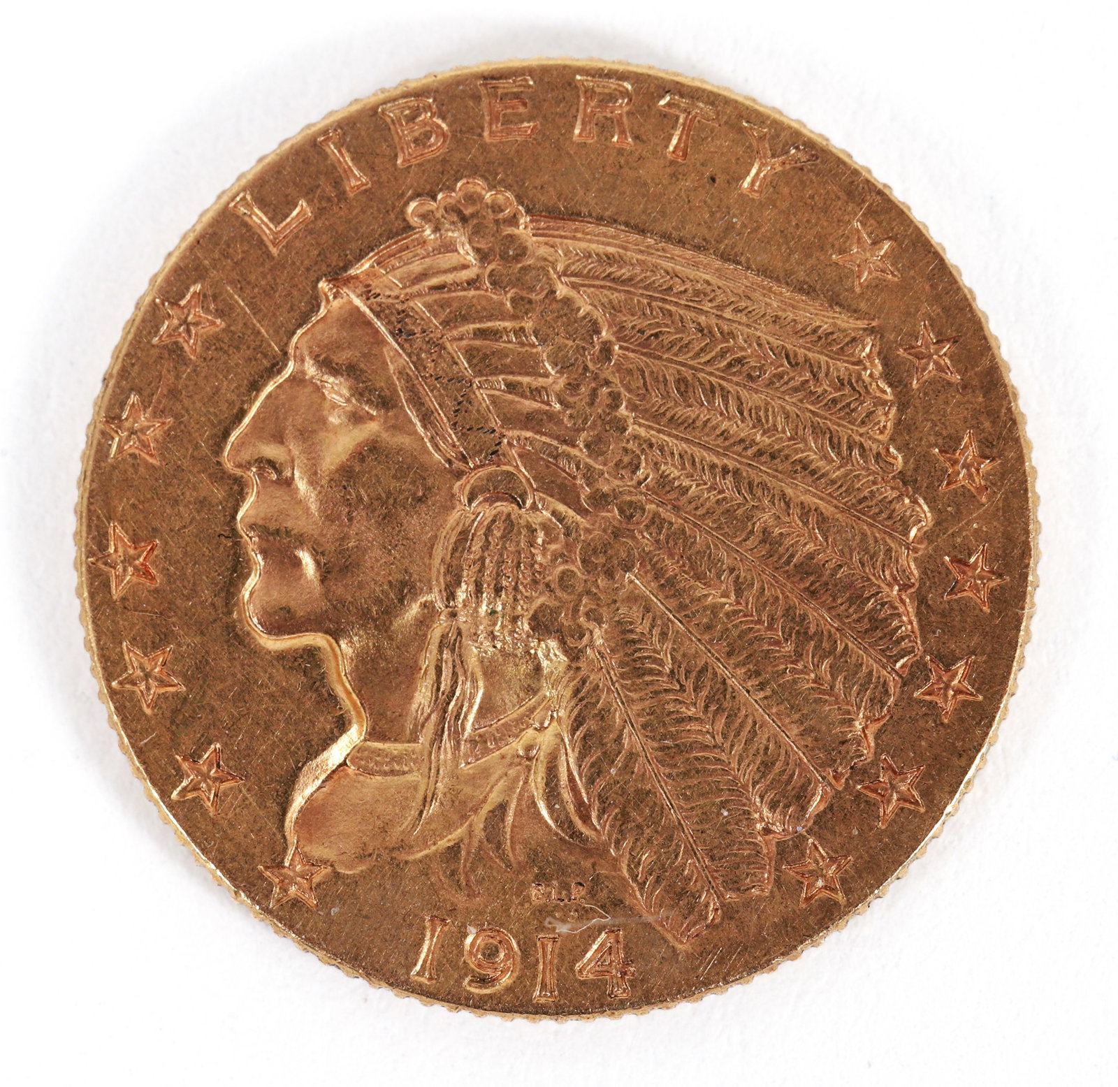1914 Indian Head Gold 2 1/2 Dollar Coin: 1914 Gold Indian Head $2 1/2 Coin. Please Note: Payment for this lot (and all other coin, gold and silver lots) can only be made by Wire/ACH Transfer, cashier's check or cash.