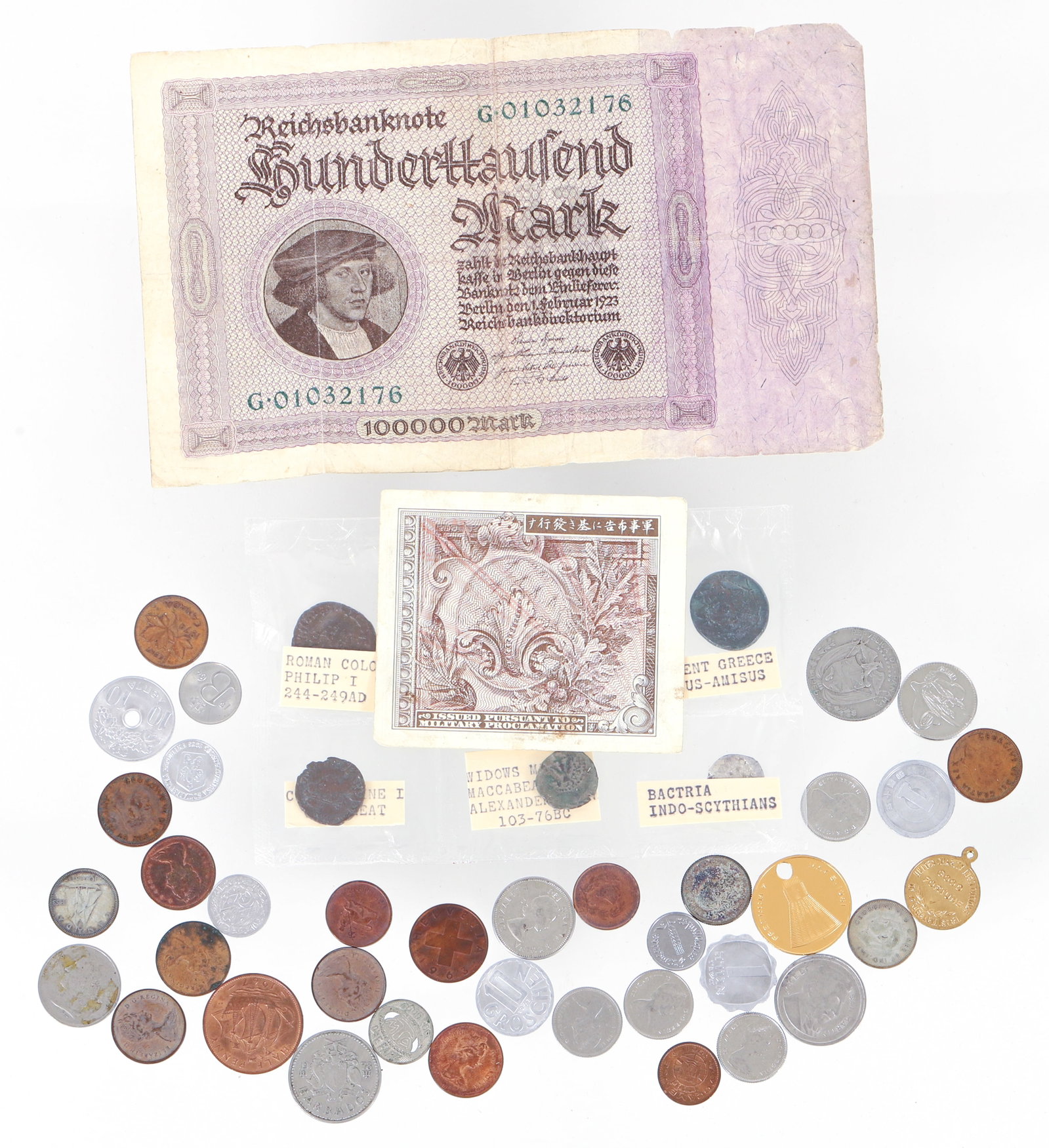 Coins of the Ancient World and Foreign Coins: Coins of the Ancient World and Foreign Coins, Ancient and Foreign Coins from California Federal Savings, two paper currency items also Military Currency from Japan and also a Reichsmark bill. Please