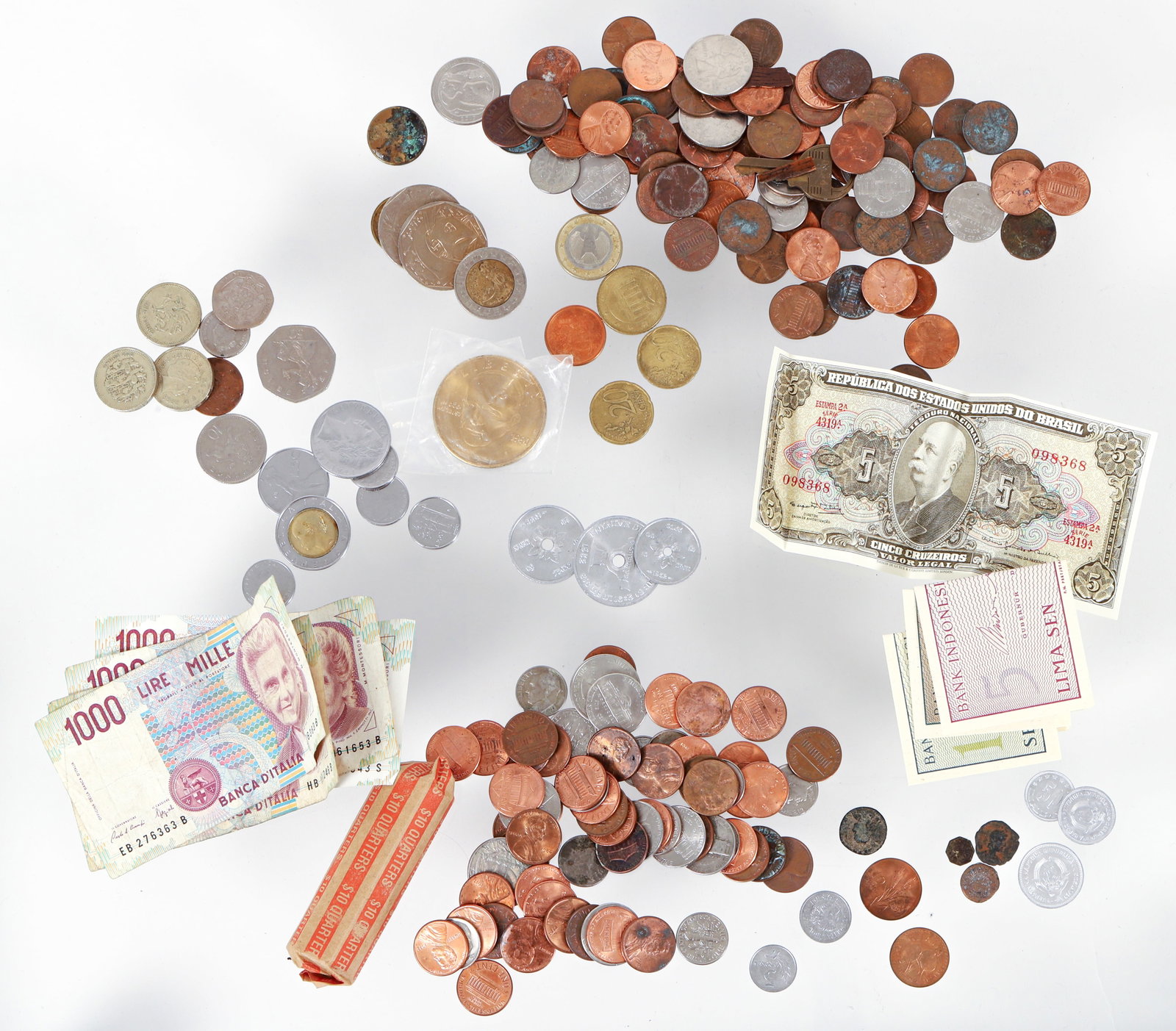 Assorted lot foreign currency with American Coins, pennies and some banknotes (1 of 3)