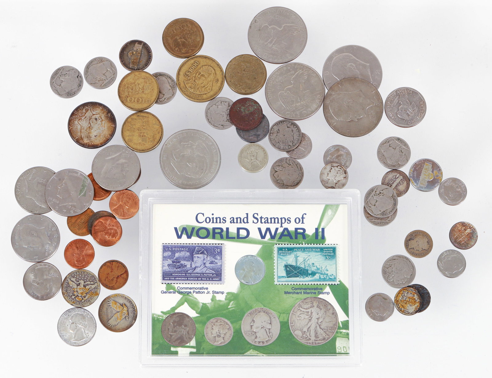 Collection of US coins ranging from pennies, to silver dollars (1 of 3)