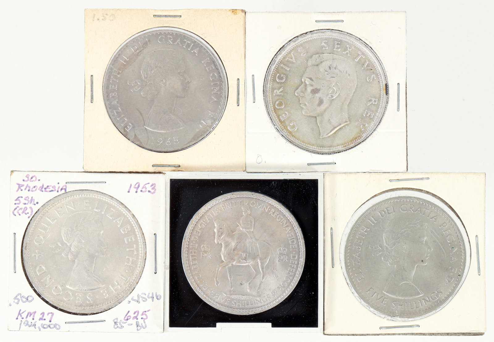 5 silver coins, 5 shillings, So. Africa, Rhodesia, 1965 Churchill: 5 silver coins including: 5 shilling South African, Churchill Commemorative 1965 and others. Please Note: Payment for this lot (and all other coin, gold and silver lots) can only be made by Wire/ACH
