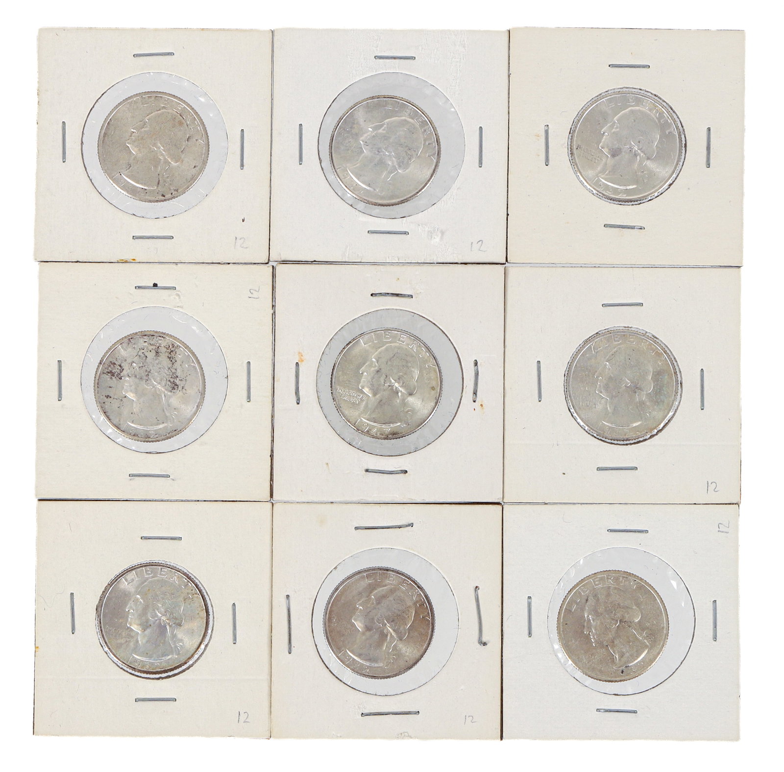 9 silver quarters, mostly 1930s: 9 silver quarters mostly from the 1930s. Please Note: Payment for this lot (and all other coin, gold and silver lots) can only be made by Wire/ACH Transfer, cashier's check or cash.