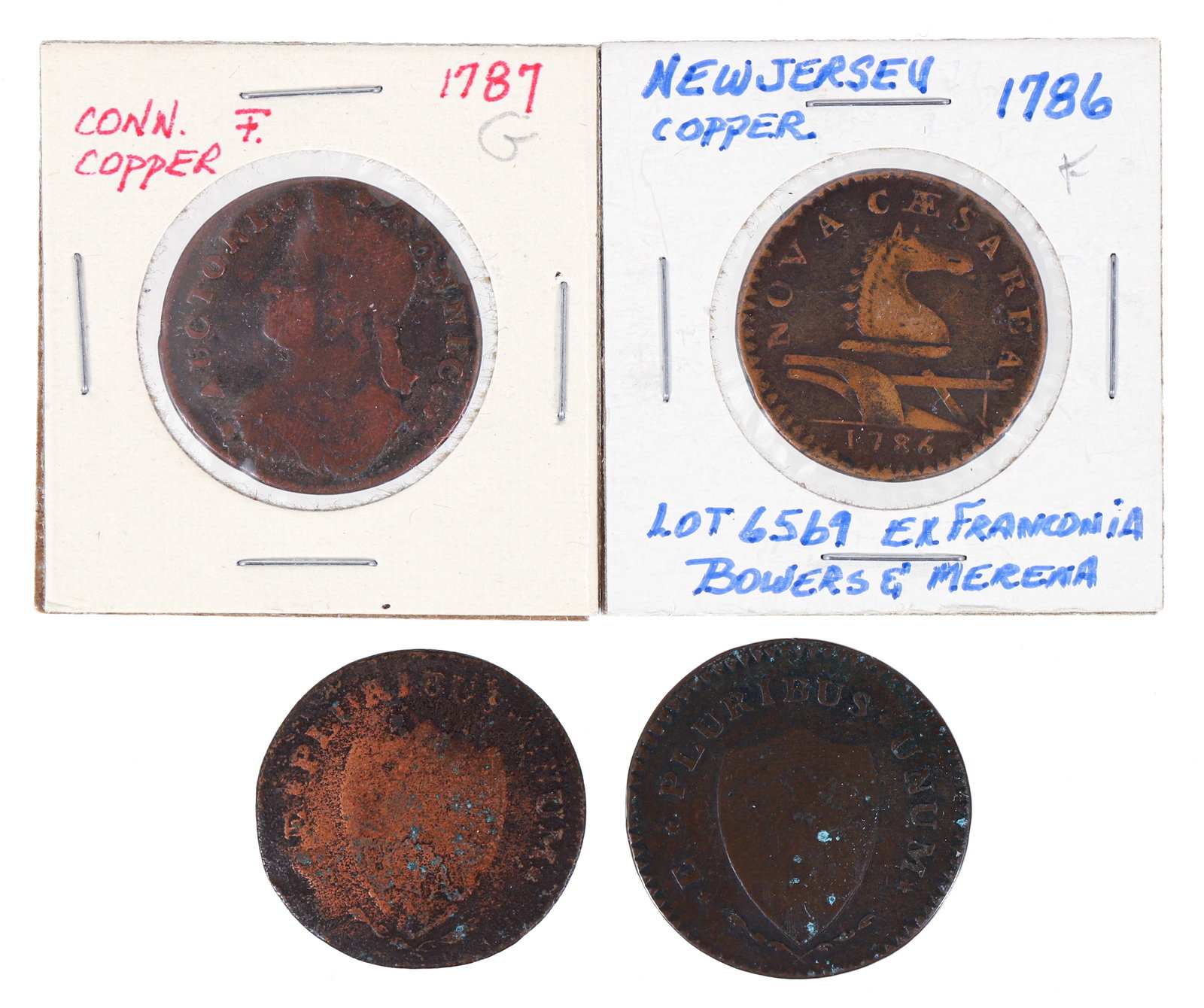4 New Jersey 1787 and 1786 Copper coins: 1787 Nova Caesarea Penny Coins issued by New Jersey. Please Note: Payment for this lot (and all other coin, gold and silver lots) can only be made by Wire/ACH Transfer, cashier's check or cash.
