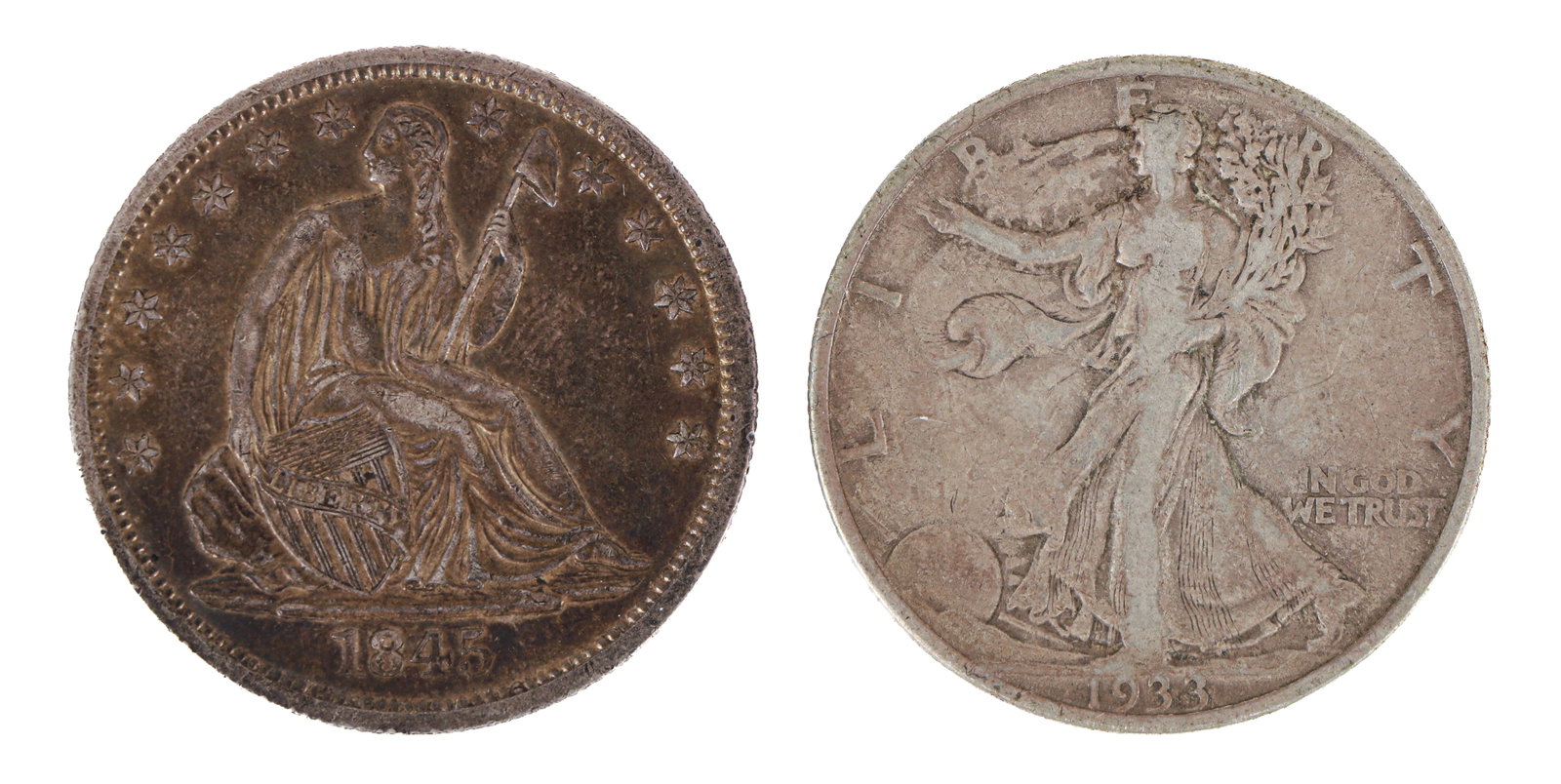 2 US silver Half Dollars 1845 and 1933: 2 US silver Half Dollars 1845 and 1933. Please Note: Payment for this lot (and all other coin, gold and silver lots) can only be made by Wire/ACH Transfer, cashier's check or cash.