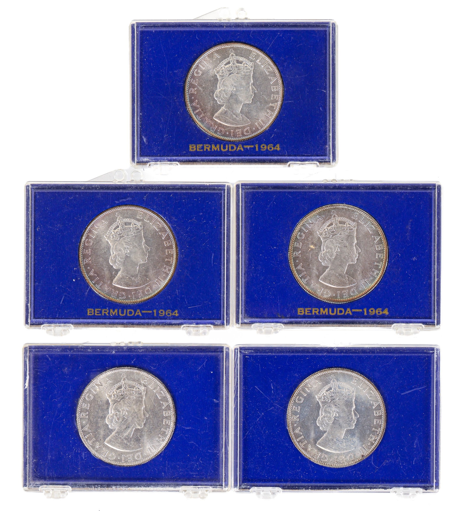 5 Bermuda 1964 Elizabeth Silver Crowns: 5 1964 Bermuda silver Crowns, .925 silver 0.8410 ASW, cased. Please Note: Payment for this lot (and all other coin, gold and silver lots) can only be made by Wire/ACH Transfer, cashier's check or cash