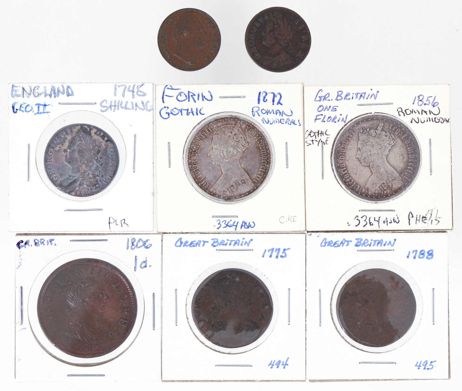 Collection of 8 antique British Coins: including 3 Georgian coins 1775, 1788, 1806, 2 Florins 1856 and 1872 with Roman numerals, 1745 George II Shilling, George III coins 1837 and 1749. Please Note: Payment for this lot (and all other coin