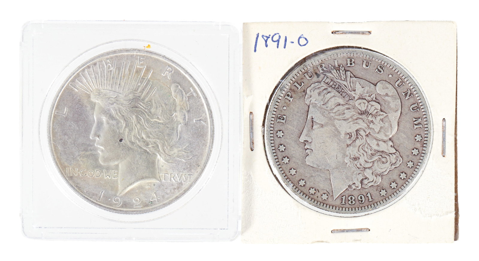 1891-O U.S. Morgan Silver Dollar Coin with 1924 Liberty Dollar: Morgan Silver dollar 1891 minted at New Orleans and 1924 Peace dollar. Please Note: Payment for this lot (and all other coin, gold and silver lots) can only be made by Wire/ACH Transfer, cashier's che