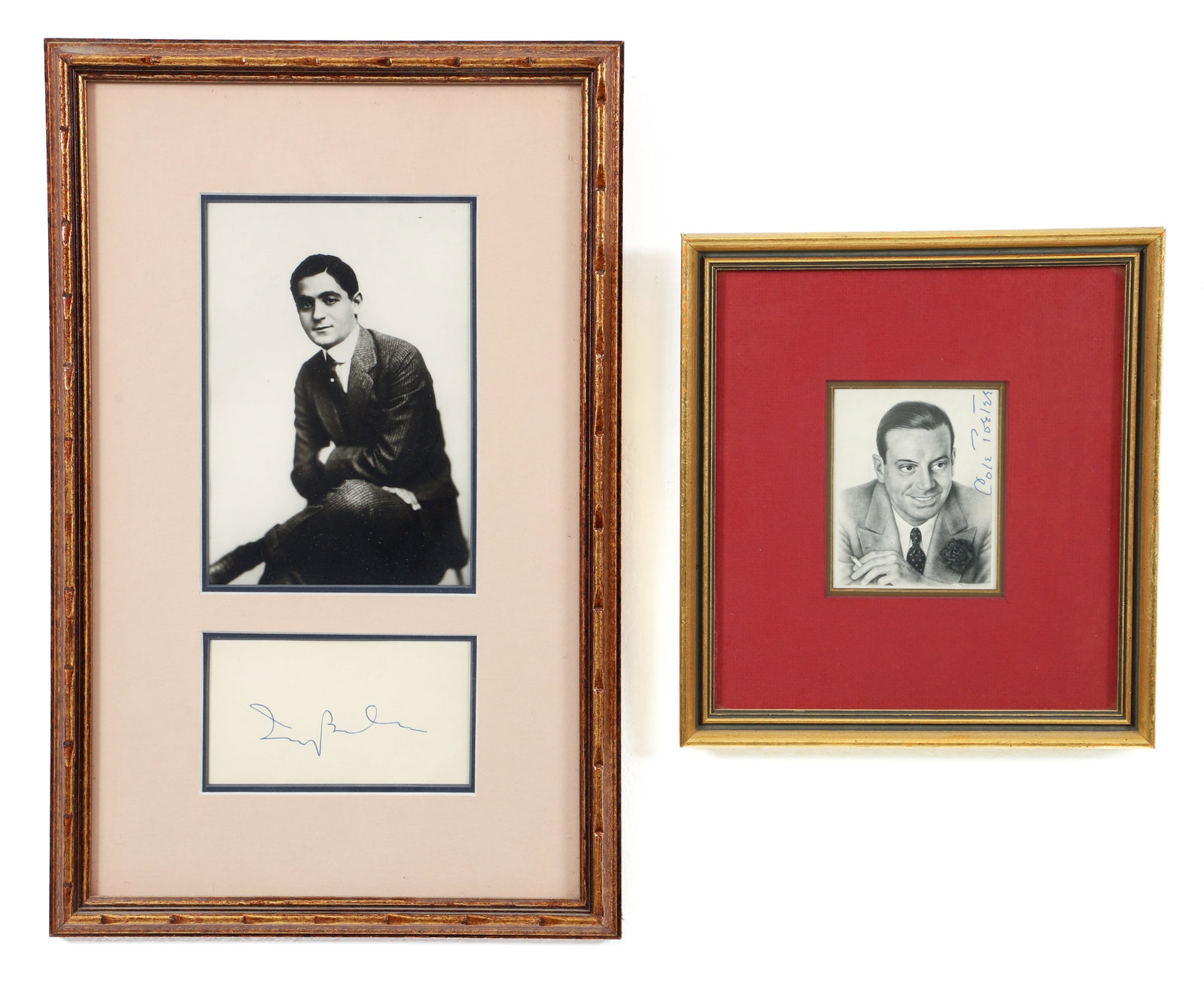 Irving Berlin and Cole Porter Autograph Cards with Photos: Irving Berlin and Cole Porter Autograph Cards, both signed in blue ink, framed together with a photo, larger frame 16 x 10 inches.