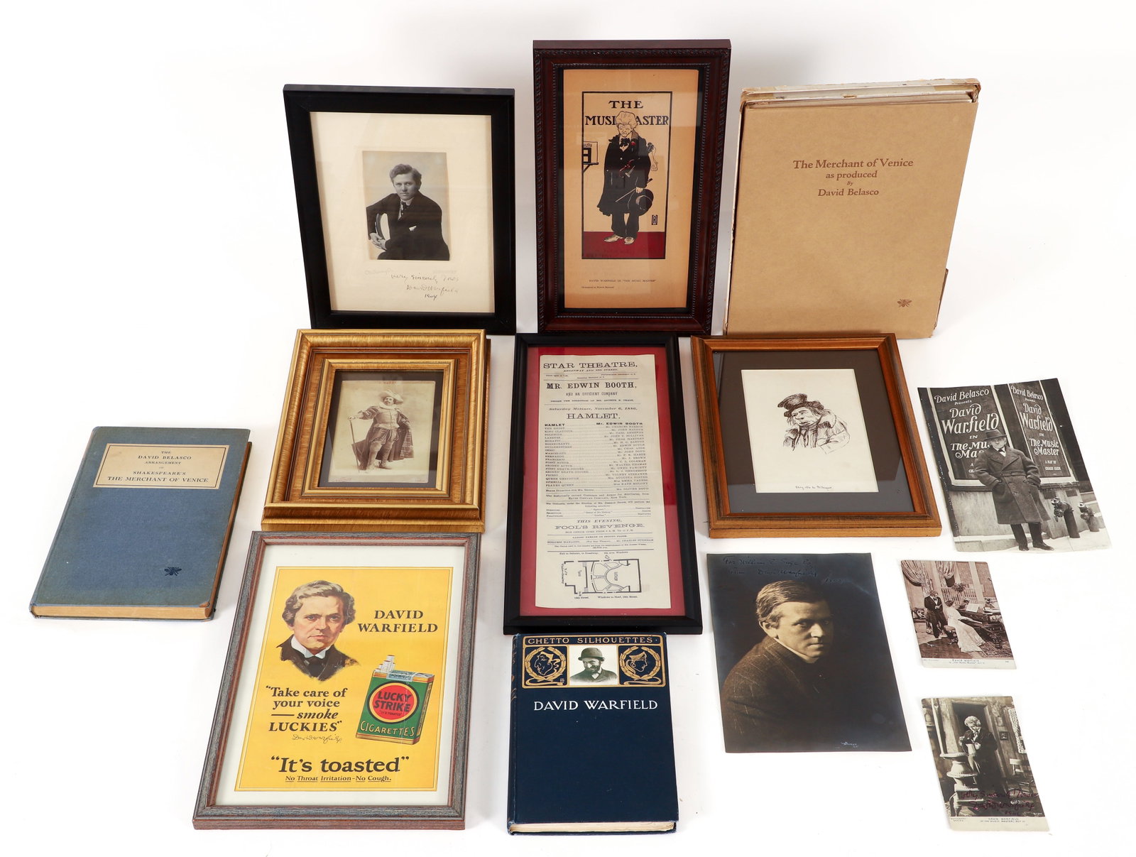 Large Theatre Lot Including David Warfield Autographs: Large Lot of Items Relating to the Theatre. Includes 9 David Warfield Items: Signed postcard, Autographed photo in frame, Autographed unframed photo, Caricature by Warren Rockwell framed, Vintage