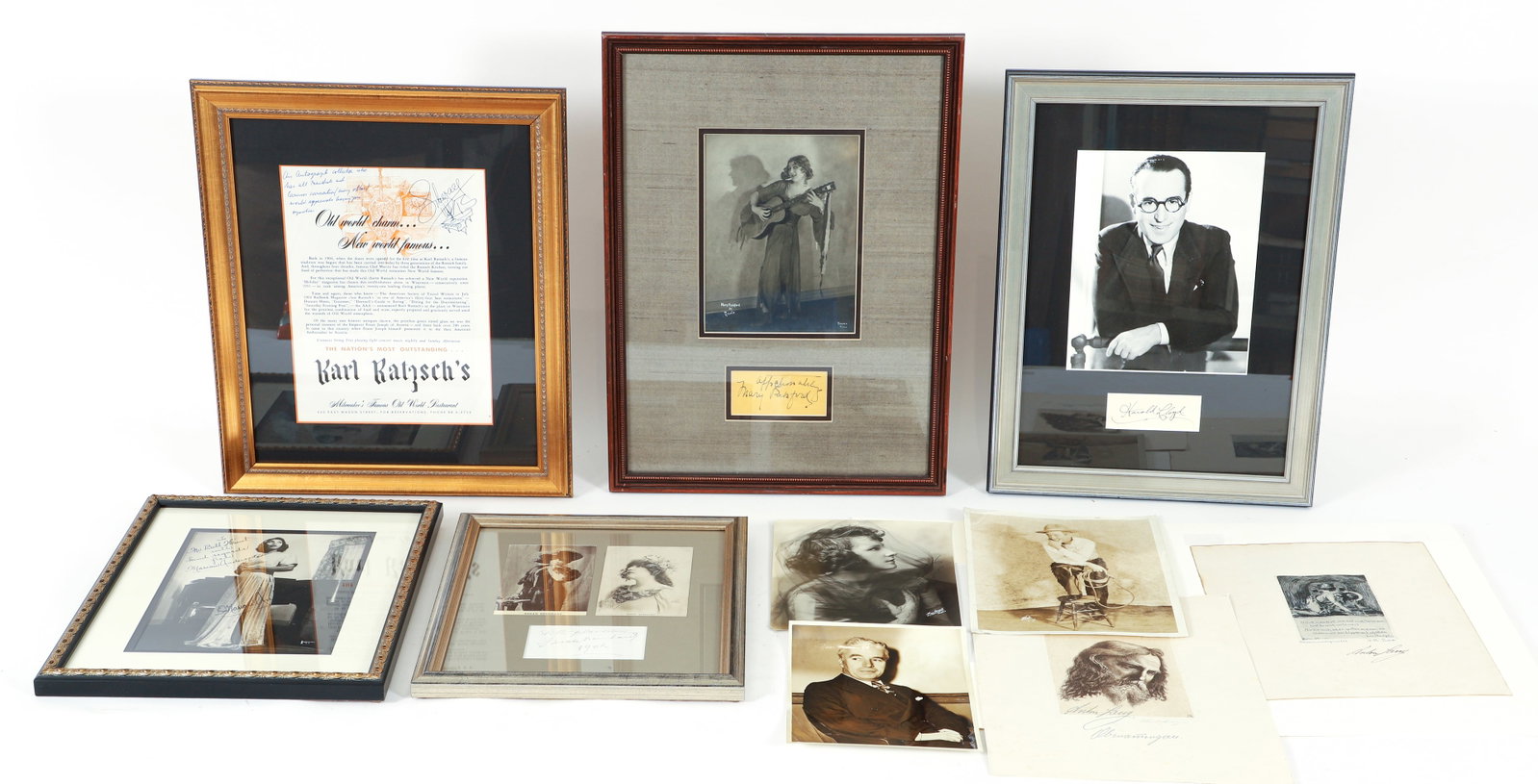 Group of Autographs by Famous Musicians and Actors: Group of Autographs by Famous Musicians and Actors: Liberace, Karl Ratzsch's Restaurant Advertisement, autographed by Liberace and with piano drawing at upper right corner, framed; Marian Anderson,