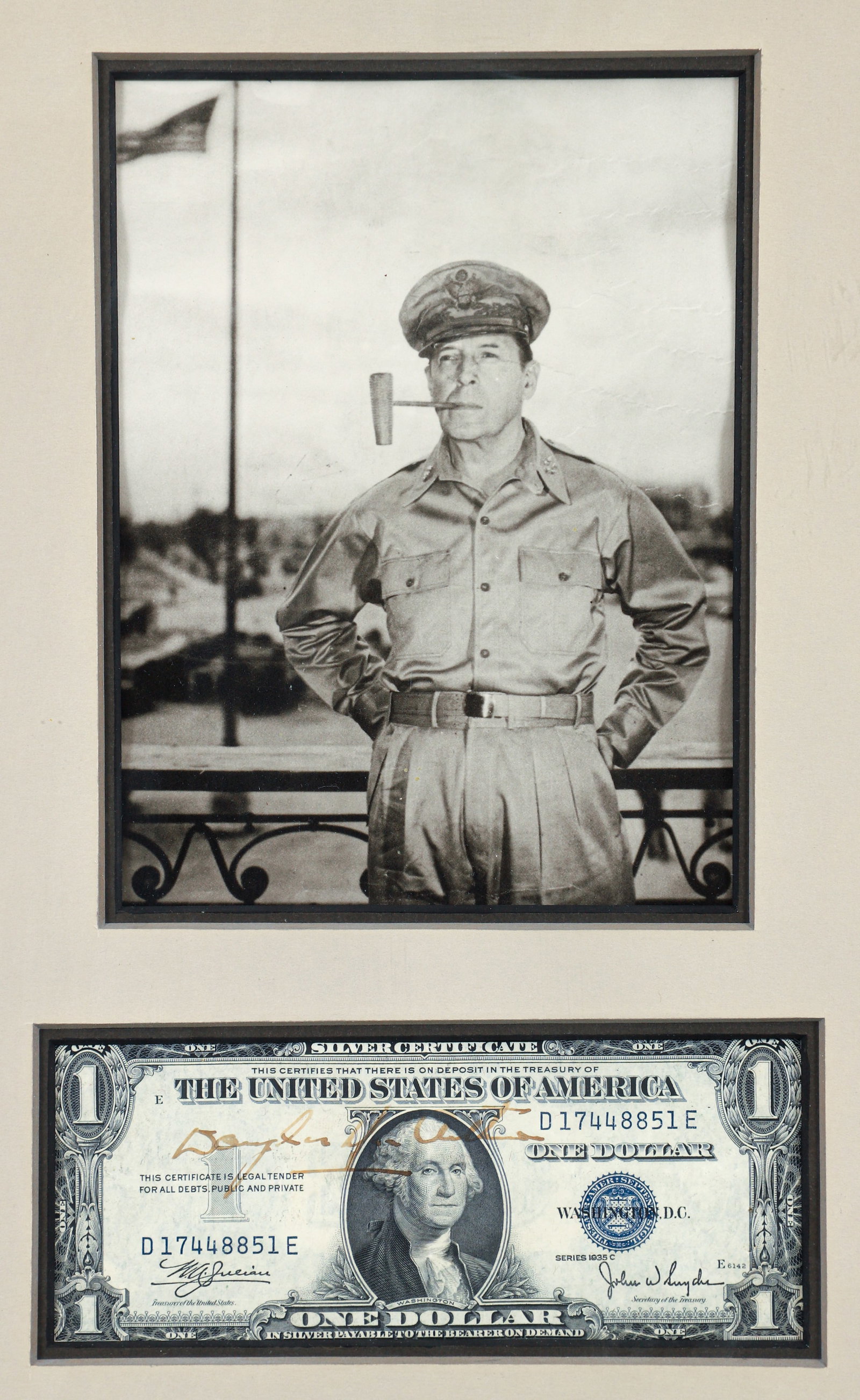 General Douglas MacArthur Autographed Dollar Bill: General Douglas MacArthur Signed Dollar Bill, signed in ink, framed together with a photo, frame size 15 x 11.5 inches.