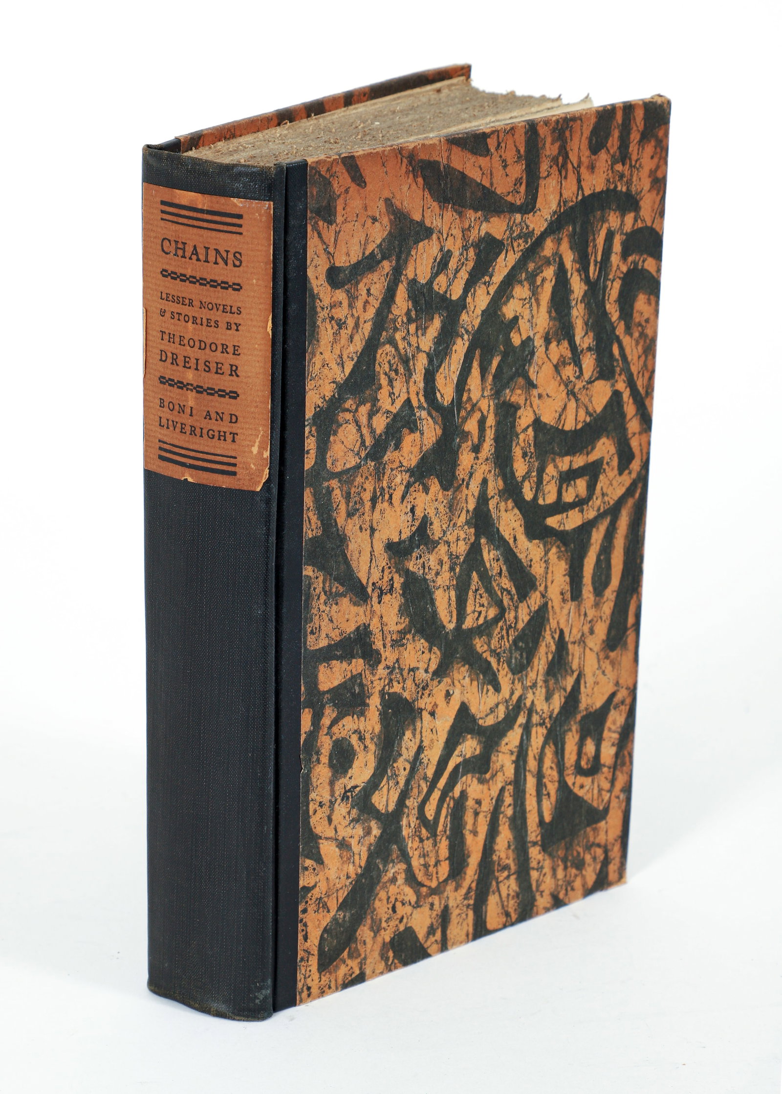 Theodore Dreiser Chains Signed Limited Edition 1927: Theodore Dreiser, Chains, number 281 of 400 copies signed by the author, 1927, Boni and Liveright, hardcover, patterned paper over boards.