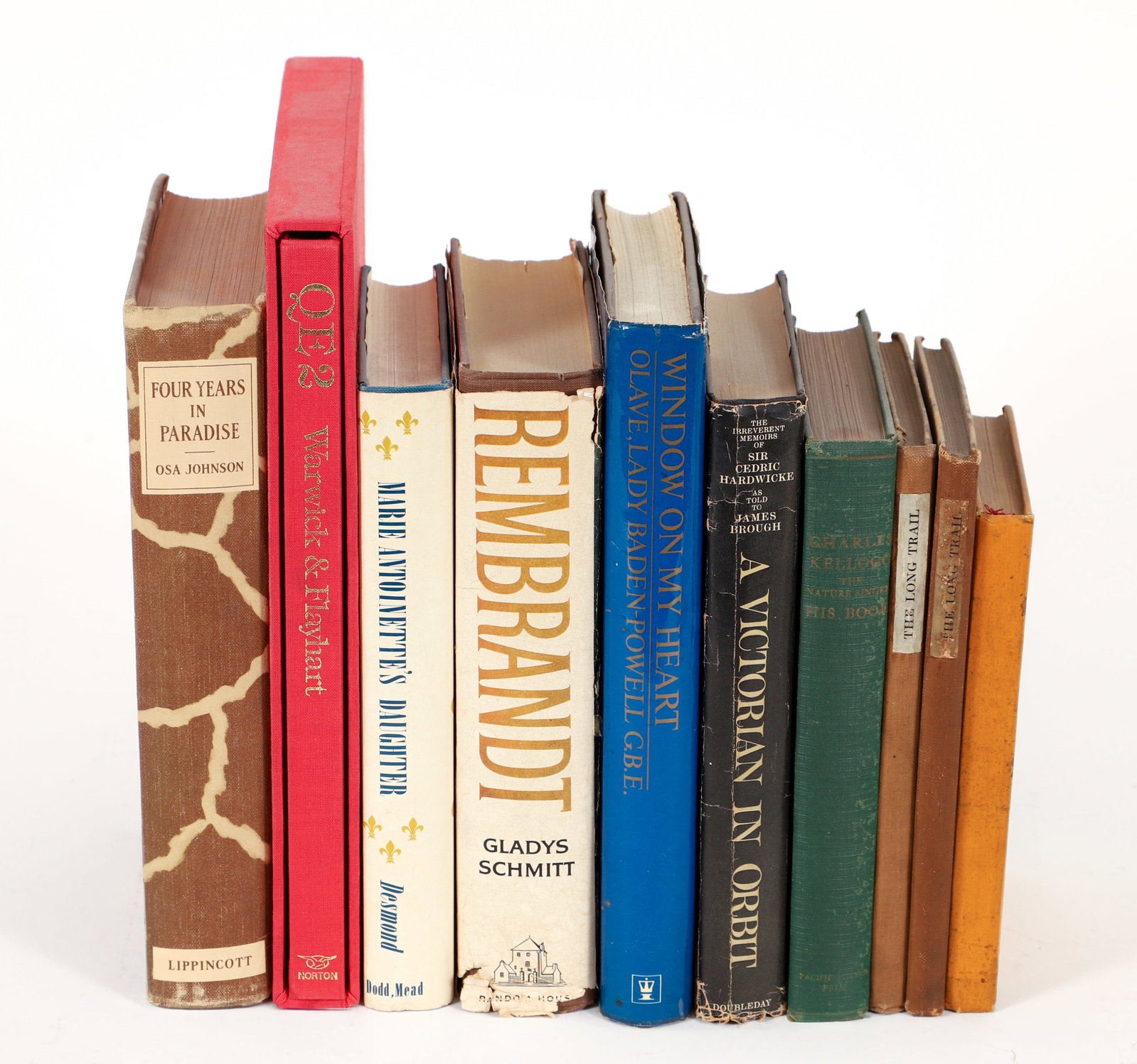 10 Signed Books, Adventure, Art, History, etc.: 10 Books on Adventure, Art, History, etc., each one signed by the author. 2 copies of Long Trail by Kermit Roosevelt; Cedric Hardwicke; Charles Kellogg; Osa Johnson, Four Years in Paradise; Alice Curt