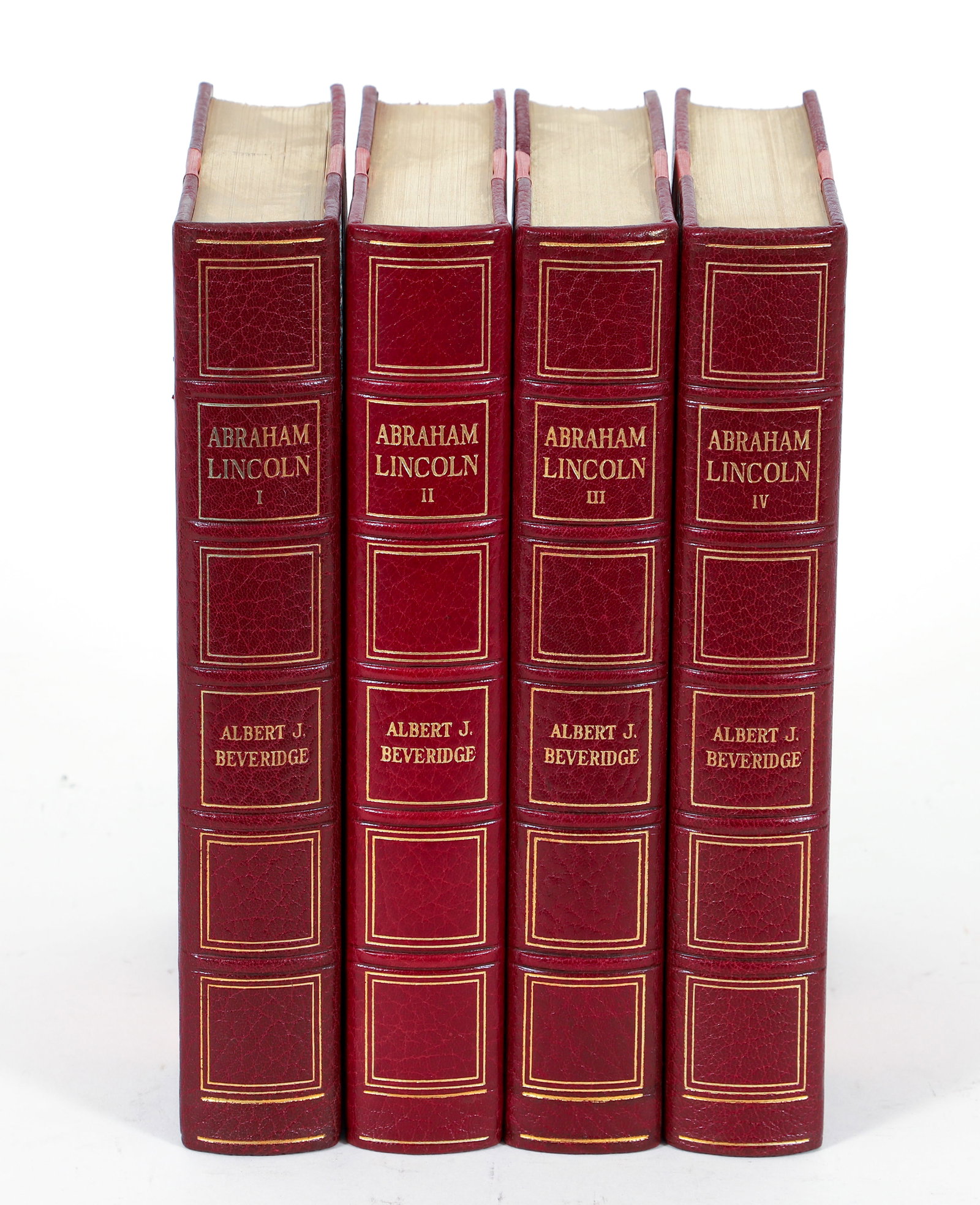 Albert Beveridge 4 volume set Abraham Lincoln Manuscript Edition: Albert Beveridge, Abraham Lincoln: 1809-1858, complete set in 4 volumes, 1928, number 241 of 1000 copies of the manuscript edition, with a sheet of the author's original handwritten manuscript mounted