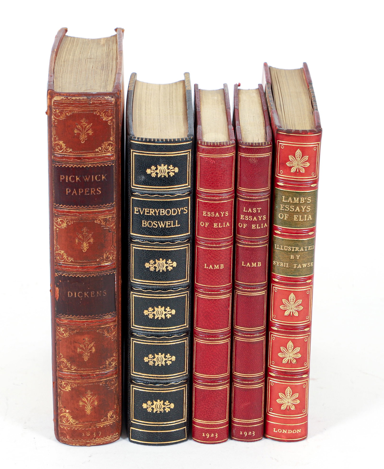 5 British Literature Books in Leather Bindings: 5 British Literature Books in Leather Bindings: Everybody's Boswell, 1949, full navy leather by Bayntun with gilt image of Samuel Johnson on the front board; Charles Lamb, Essays of Elia and Last Essa