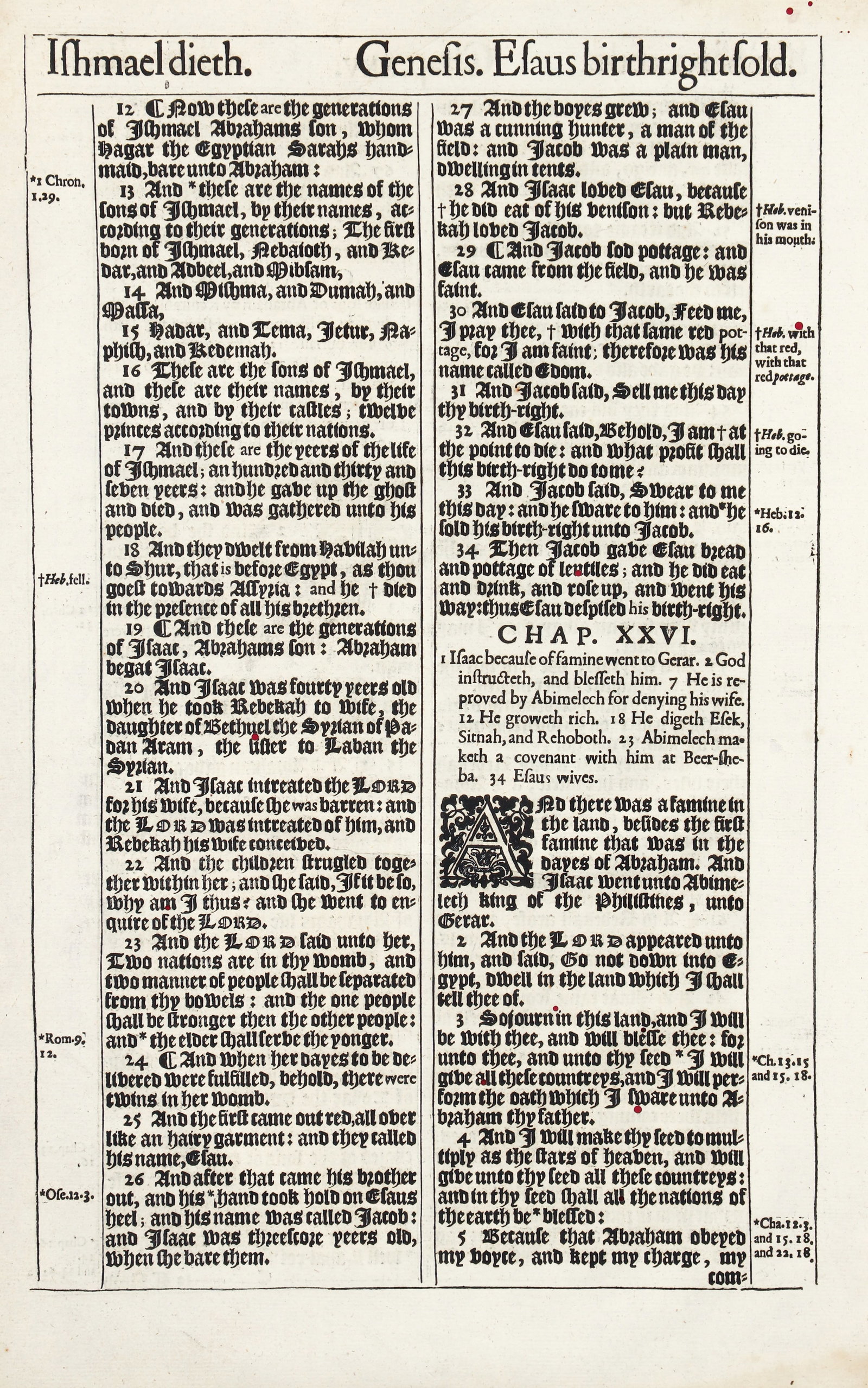Framed Leaf from 1611 King James Puplit Bible Genesis (1 of 2)