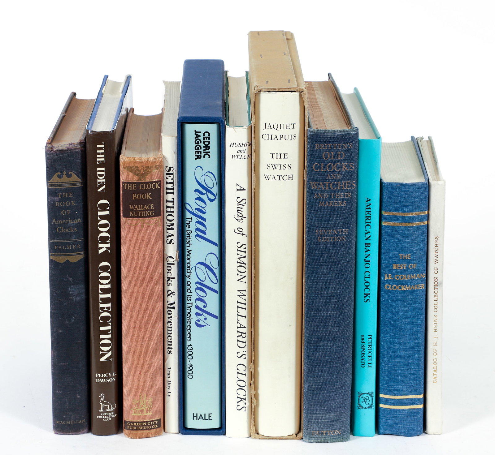 11 Books on Clocks and Watches from a collector's library: 11 Books on Clocks and Watches from a collector's library, all hardcovers except for one. Includes The Swiss Watch by Jaquet and Chapuis, A Study of Simon Willard's Clocks, books on Royal Clocks, Seth