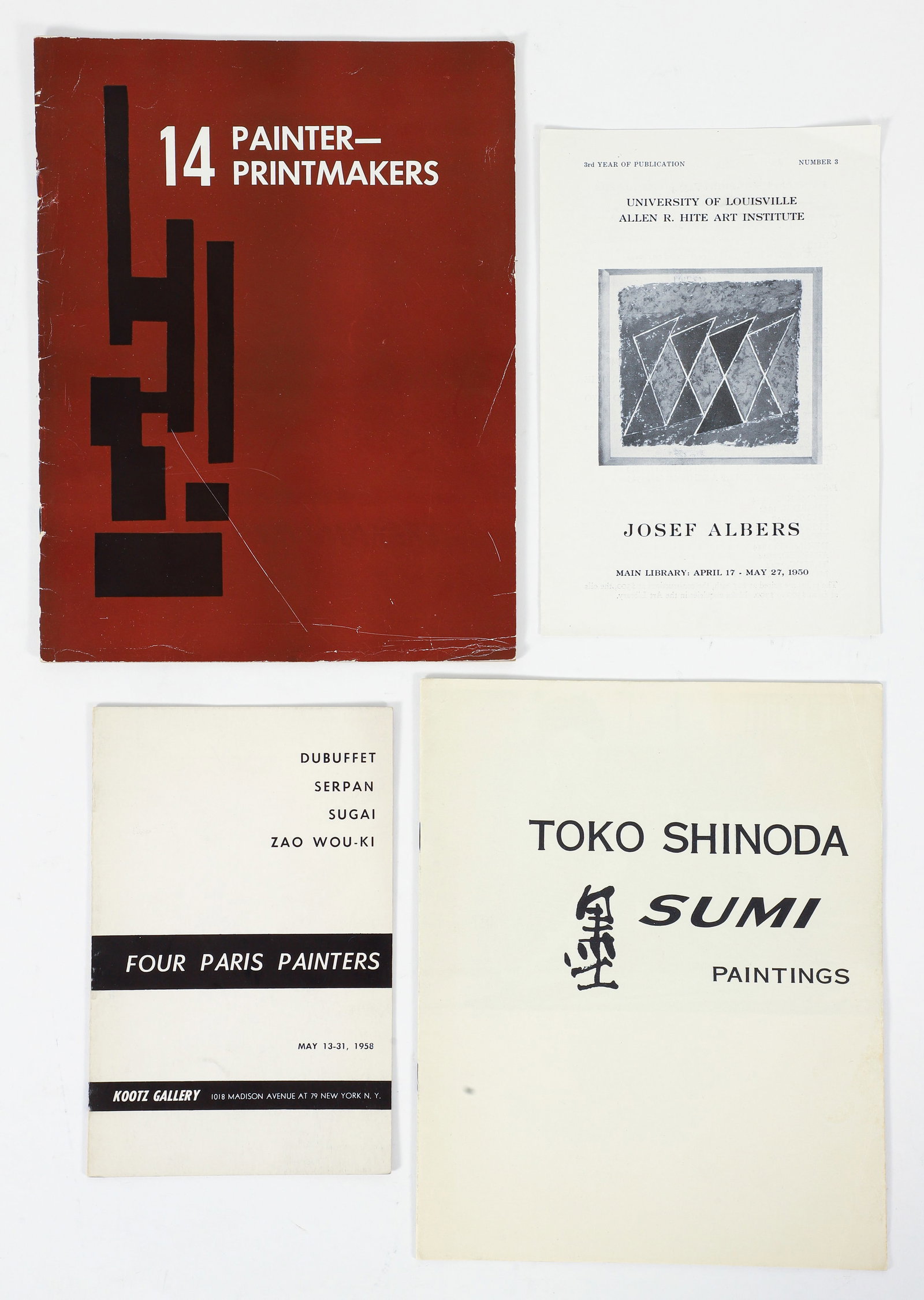 4 rare art Exhibition Catalogs Josef Albers, Toko Shinoda, Wou-Ki, et al: Lot of 4 rare art exhibition catalogs: 1. Josef Albers, 1950 show of his Paintings and Prints at the University of Louisville's Allen R. Hite Art Institute. Single sheet folded once to make 4 pages, w