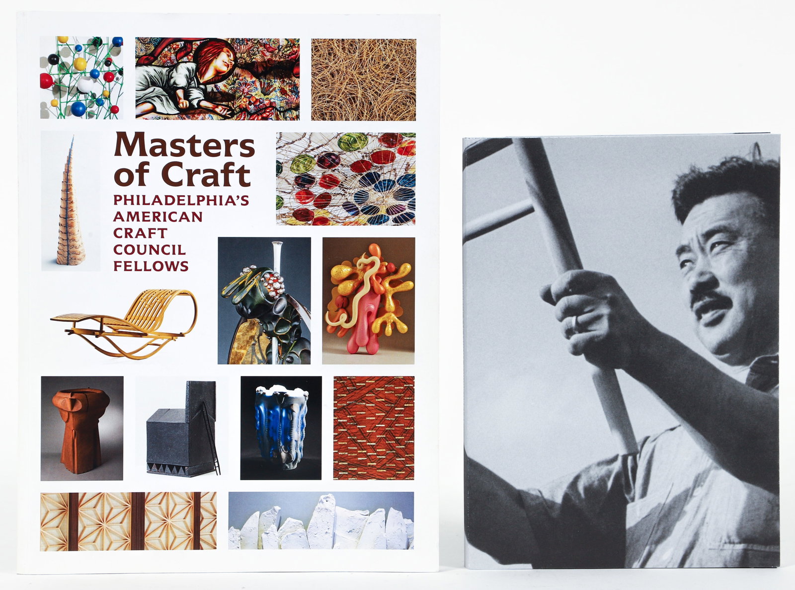Mira Nakashima Signed Craft Catalog with George Nakashima Process Book: 2 books relating to the American woodworker George Nakashima. 1. Masters of Craft: Philadelphia's American Craft Council, 2015, softcover, exhibition catalog. SIGNED by 8 contributors to the book, inc