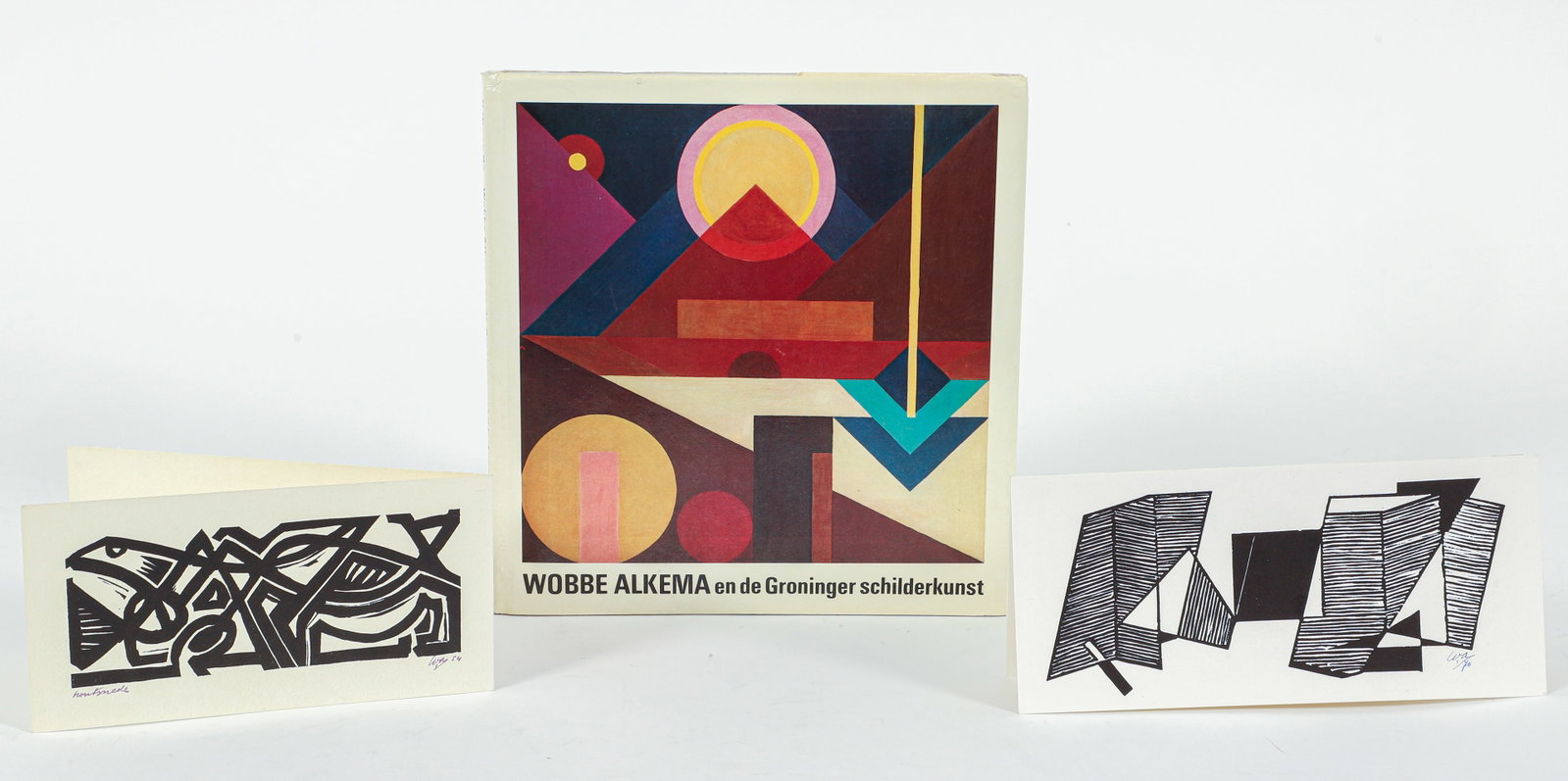 Wobbe Alkema 2 Signed Linocuts plus Signed Exhibition Catalog: Alkema, Wobbe (Dutch, 1900-1984), Two linocut prints made as New Years cards for his friends: 1. Made in 1954, signed, dated and titled Houtsnede [Woodcut] in blue ink at the bottom, 3.75 x 7.25 inche