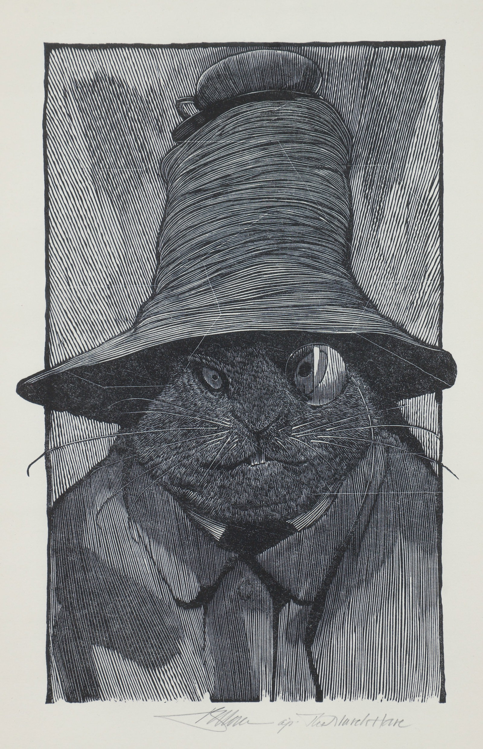 Barry Moser March Hare Wood Engraving from Alice in Wonderland: Moser, Barry (American, born 1940), March Hare, single print from Alice and Wonderland, 1982, wood engraving, signed, titled and marked AP in pencil to lower margin, image 9 x 5.25 inches, matted and 