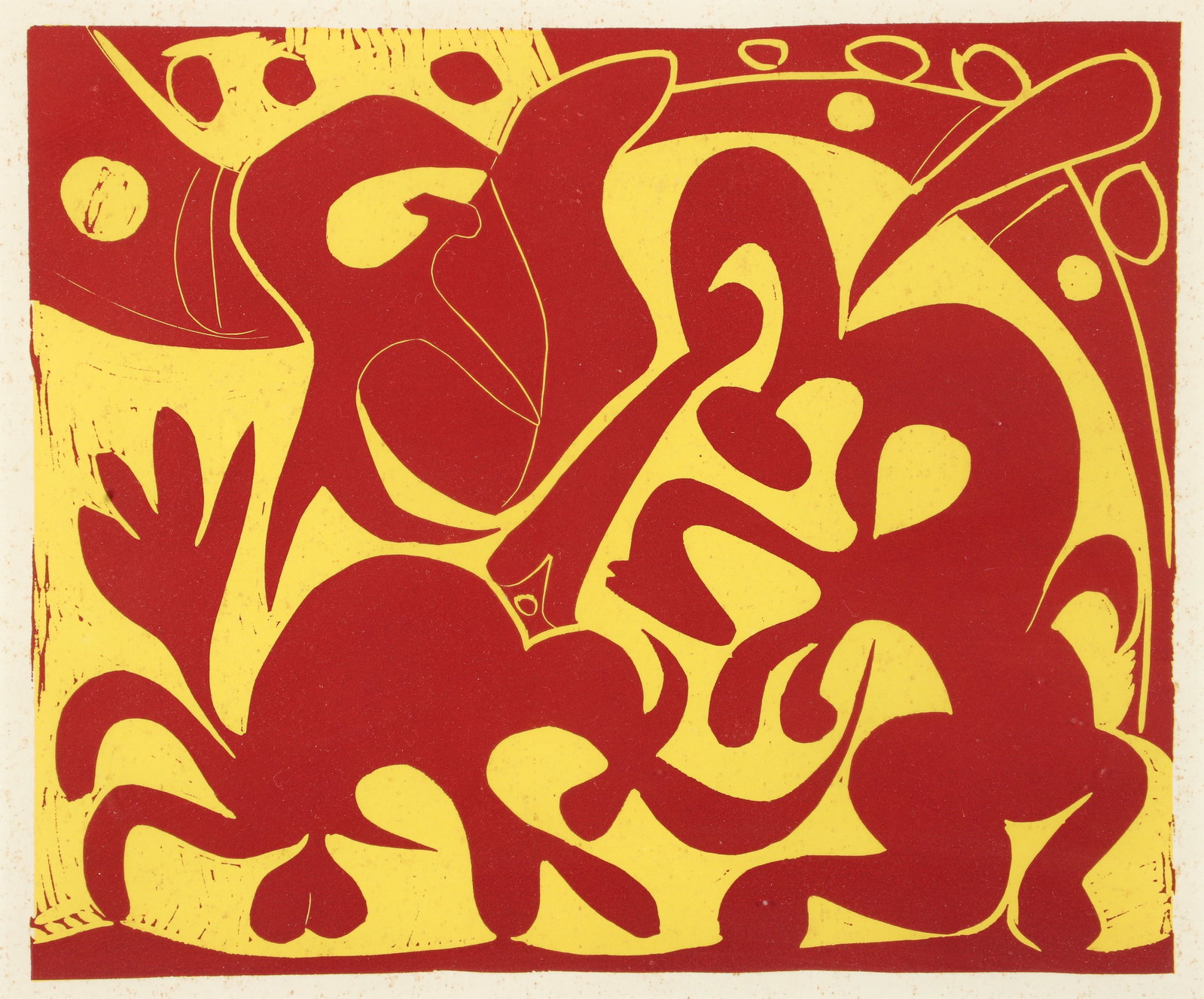 Pablo Picasso 1962 Color Linocut Bullfight Matador scene: Picasso, after Pablo, La Pique en Rouge et Jaune, 1962 (after the 1959 original), color linocut on wove paper, image size 10.5 x 12.5 inches, matted and in a dark gray frame 17.5 x 19.5 inches. A sing