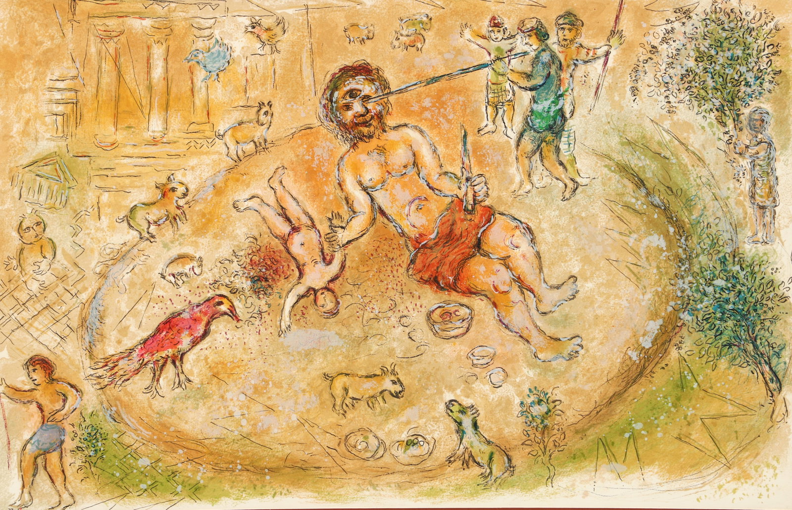 Marc Chagall Lithograph Polyphemus from The Odyssey: Chagall, Marc (Russian/French, 1887-1985), Polyphemus - from The Odyssey [L'Odyssee], 1974, color lithograph on Arches wove paper, unsigned as issued, 16.75 x 25.75 inches, matted and framed 26 x 34.5
