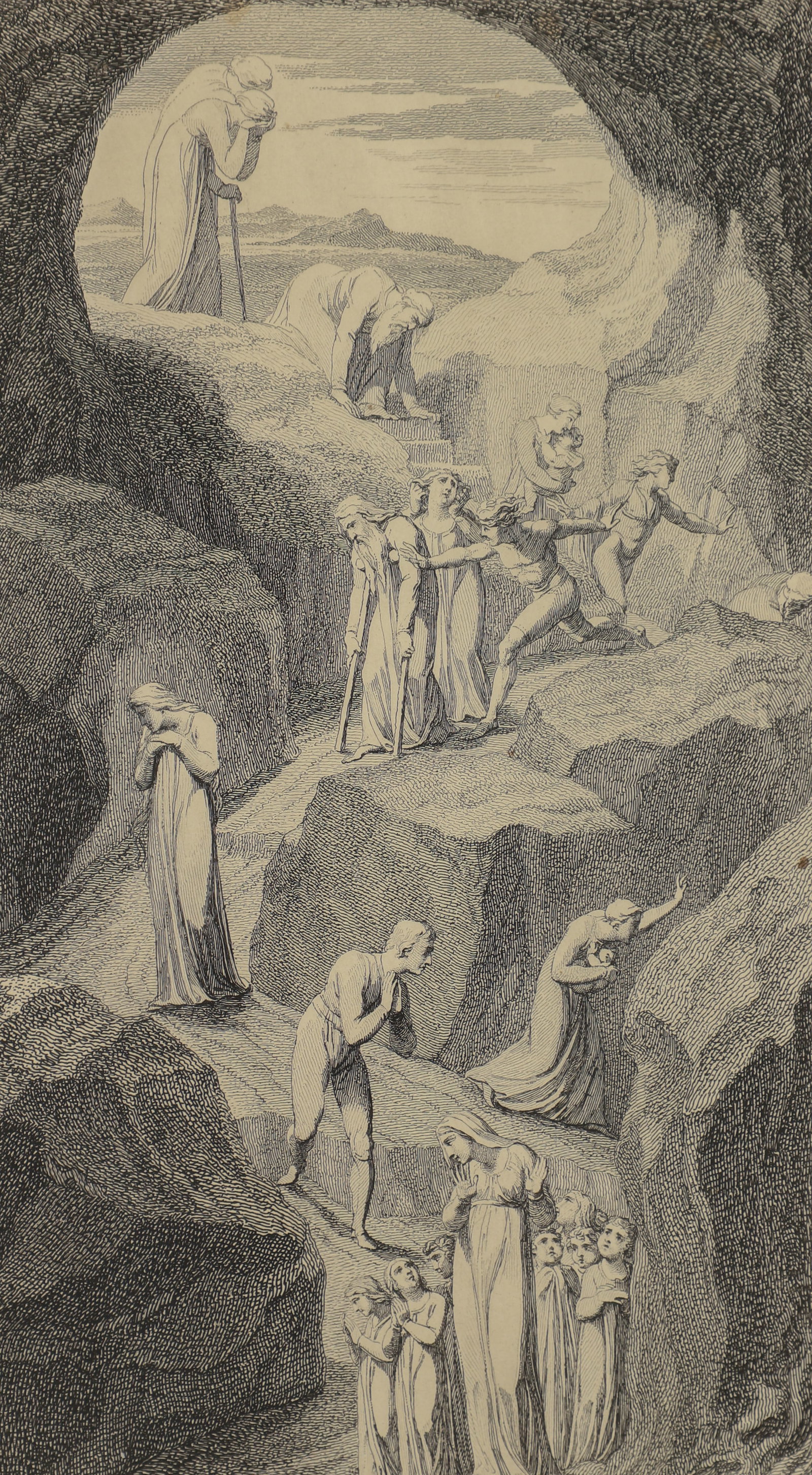 William Blake Engraving The Descent of Man Into the Vale of Death 1813: Blake, drawn by William, engraved by Luigi Schiavonetti, The Descent of Man into the Vale of Death, 1813, engraving on paper, image size 9.25 x 5.25 inches, matted and framed 17 x 12.5 inches. Publish