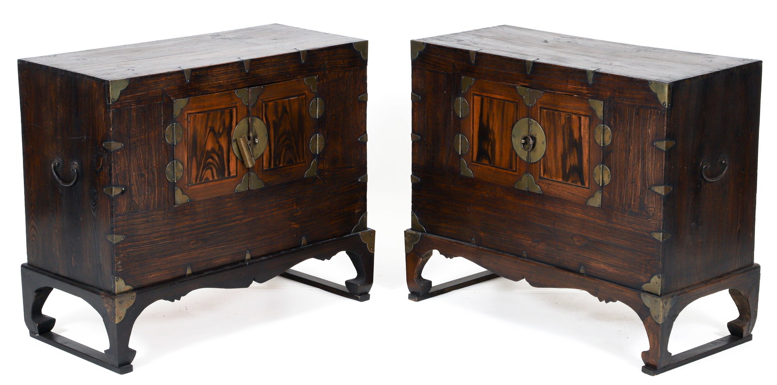 Pair of Elmwood Tansu Chests on Stands: Pair of elmwood Tansu chests on stands. Brass hardware. Two doors open to reveal storage space within. 26.5 x 31.5 x 13.75 inches.