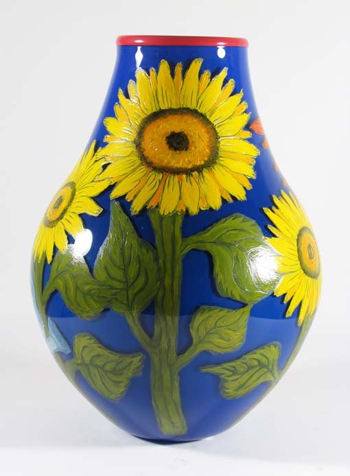 Cappy Thompson Gardening Angel glass vase: Artist: Thompson, Cappy Title: Gardening Angel Date: 1990 Medium: enamel paint on blown glass Dimensions: 16 x 10 x 10 inches Signature: Signed Catherine Thompson 1990 and titled on unders
