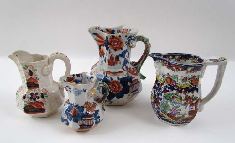 4 Ironstone Creamers w/ Imari decoration: Artist: Various Makers Title: 4 Ironstone Creamers w/ Imari decoration by various makers Medium: glazed ceramic Dimensions: largest pitcher measures: 6.25 x 5.5 x 5.25 inches