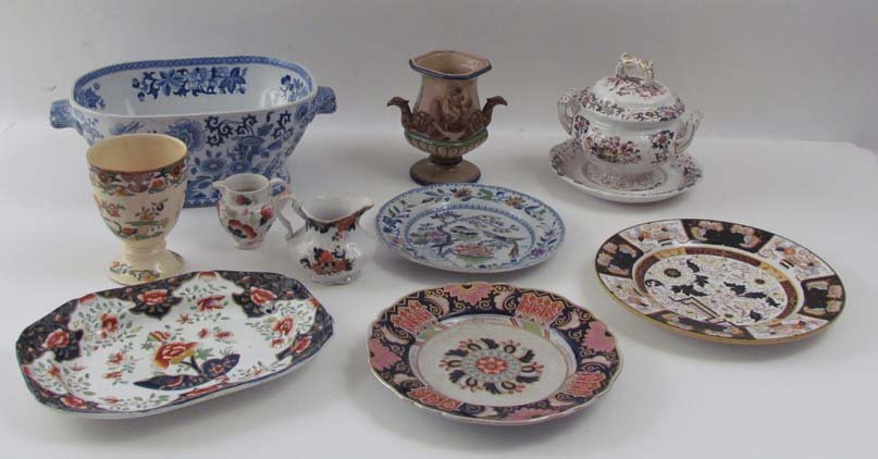 Miscellaneous group of stone china: Title: Miscellaneous group of stone china serving pieces including 3 plates, a small rectangular platter, small tureen with under plate, 2 pitchers, 2 cups, large serving bowl Medium: stone china Dime