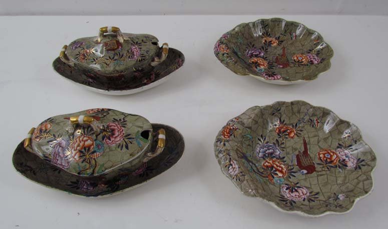 6 antique Spode Tumble Down Dick serving pcs: Title: 6 antique Spode Tumble Down Dick serving pcs includes: 2 clam shaped serving dishes and 2 small covered tureens with 2 saucers Date: ca 1820 Dimensions: clamshells 9.5 inches, tureens 8 inches,