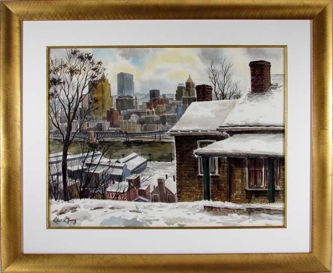 Robert Young Watercolor View of Pittsburgh in the Winte: Artist: Young, Robert (American, 20th Century) Title: View of Pittsburgh in the Winter Medium: watercolor on paper Dimensions: 18 x 24 inches Signature: Signed lower left Provenance: The E