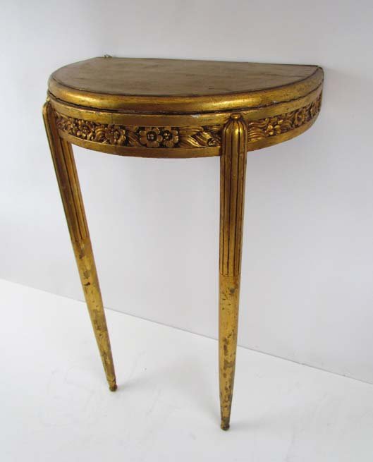 French Deco demi-lune console table w carved flowers & : Title: Gilded wood French deco demi-lune console table with carved flowers and fluted legs Date: ca 192o Medium: carved wood, plaster relief ,gilding Dimensions: 33.5 x 21.5 x 13.5