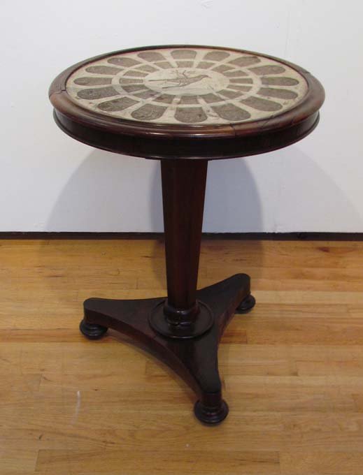 Early 19th C. Empire Side Table w inset carved alabaste: Title: Early 19th Century Empire circular inset Side Table with carved alabaster Rondel of Ancient Roman Design Motif with Bird Date: early 19th Century Medium: mahogany and alabaster Dimensions: 28 x