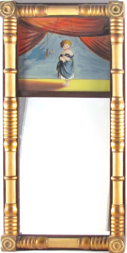 Reverse painted antique mirror: Title: Reverse painted antique mirror with a scene of a small child and a cat Medium: painted mirror, wood Dimensions: mirror: 10 x 12 inches Provenance: Frances Debroff Collection Frame Size: 32 x 1