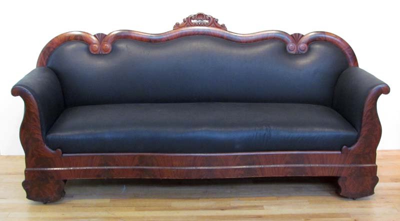 American Empire mahogany veneer frame Settee: Title: American Empire mahogany veneer frame Settee with black horsehair upholstery (recent) Date: circa 1840 Medium: walnut Dimensions: 40 x 84 x 26 inches Provenance: The Estate of Phylis and Erwin