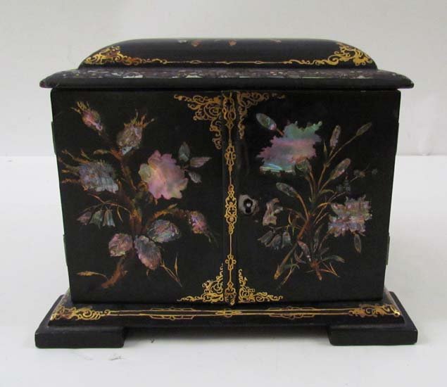 Mother of Pearl fitted Sewing Box: Title: Mother of Pearl fitted Sewing Box with lidded top compartment and three gilded decorated drawer faces Medium: wood with inlaid MOP Dimensions: 7.5 x 8 x 9 inches Provenance: The Collection of a