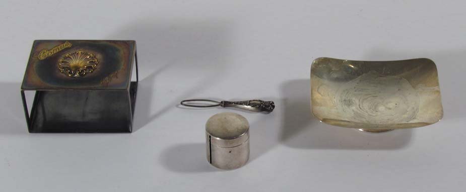 4 assorted sterling objects, small tray, matchbook cove: Title: 4 assorted sterling objects, small tray, Christian Dior matchbook cover, pill box and threader Medium: sterling silver mint julep cups Dimensions: 6 ozt. Provenance: The Estate of Dr. James N. 
