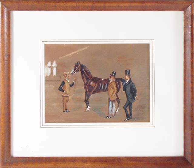 British school equestrian watercolor: Title: British school equestrian watercolor Date: 19th century British School Medium: watercolor Dimensions: 6 x 8 inches Frame Type: wood Frame Size: 11.75 x 13.75 inches