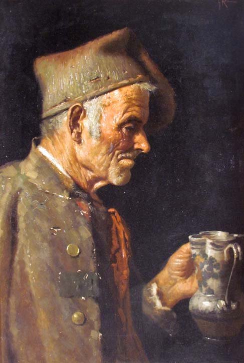 G. Amadio oil painting of a man holding a pitcher: Artist: Amadio, G. (Italian, b. 1844) Title: man holding a pitcher Medium: oil on canvas Dimensions: 22.5 x 15.5 inches Signature: signed lower right "G. Amadio" Frame Type: period frame <