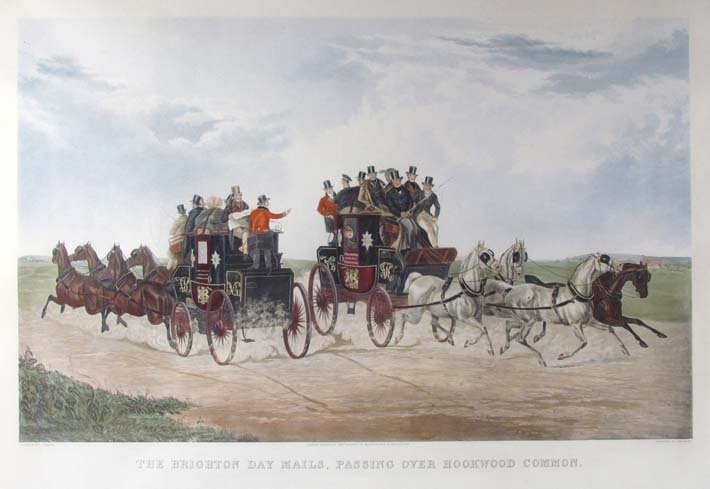 After J. Shayer hand colored engraving by Charles Hunt: Artist: Charles Hunt Title: "The Brighton Day Mais Passing Over Hookwood Common" Date: May 1867 Medium: engraving Description: published in London by Mess. Fores