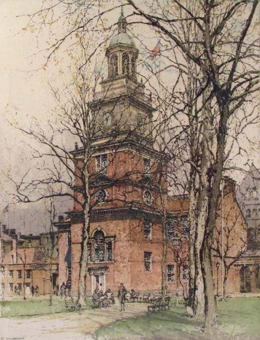 Luigi Kasimir etching Independence Hall, Phil.: Artist: Kasimir, Luigi (Austrian, 1881-1962) Title: Independence Hall, Philadelphia (Weiss, 522) Medium: Color etching with aquatint on paper Dimensions: 18.25 x 14 inches Signature: signed in pencil