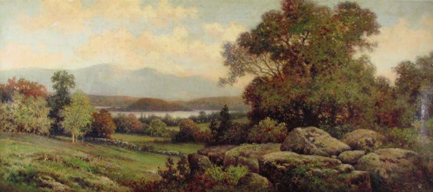 Milton Lowell Wooded Landscape ptg: Artist: Lowell, Milton H. (American, 1848-1927) Title: Wooded Landscape Date: late 19th century Medium: oil on canvas Dimensions: 18 x 40 inches Signature: Signed MH Lowell lower right