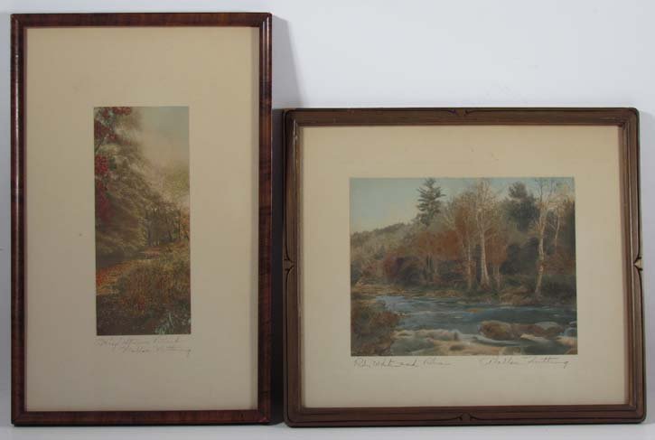 2 Wallace Nutting hand-colored pictorial landscape pho: Artist: Nutting, Wallace (American 1861-1941) Title: "Red, White & Blue", and "A Leaf Strewn Brook" Medium: hand colored photograph Dimensions: 9 3/8 x 3 3/4 inches & 7.5 x 9.5 inches Description: W