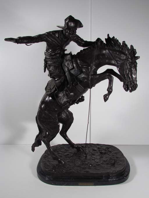 AFTER FREDERIC REMINGTON BRONZE "BRONCO BUSTER": Artist: REMINGTON, AFTER FREDERIC (American 1861-1909) Title: "BRONCO BUSTER" Medium: cast bronze Dimensions: 32 x 23 x 14.5 inches Edition: posthumous edition Signature: cast inscriptio
